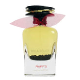 Geel parfumflesje met zwarte dop en rode strik voor Riffs Parfum Bella Rouge